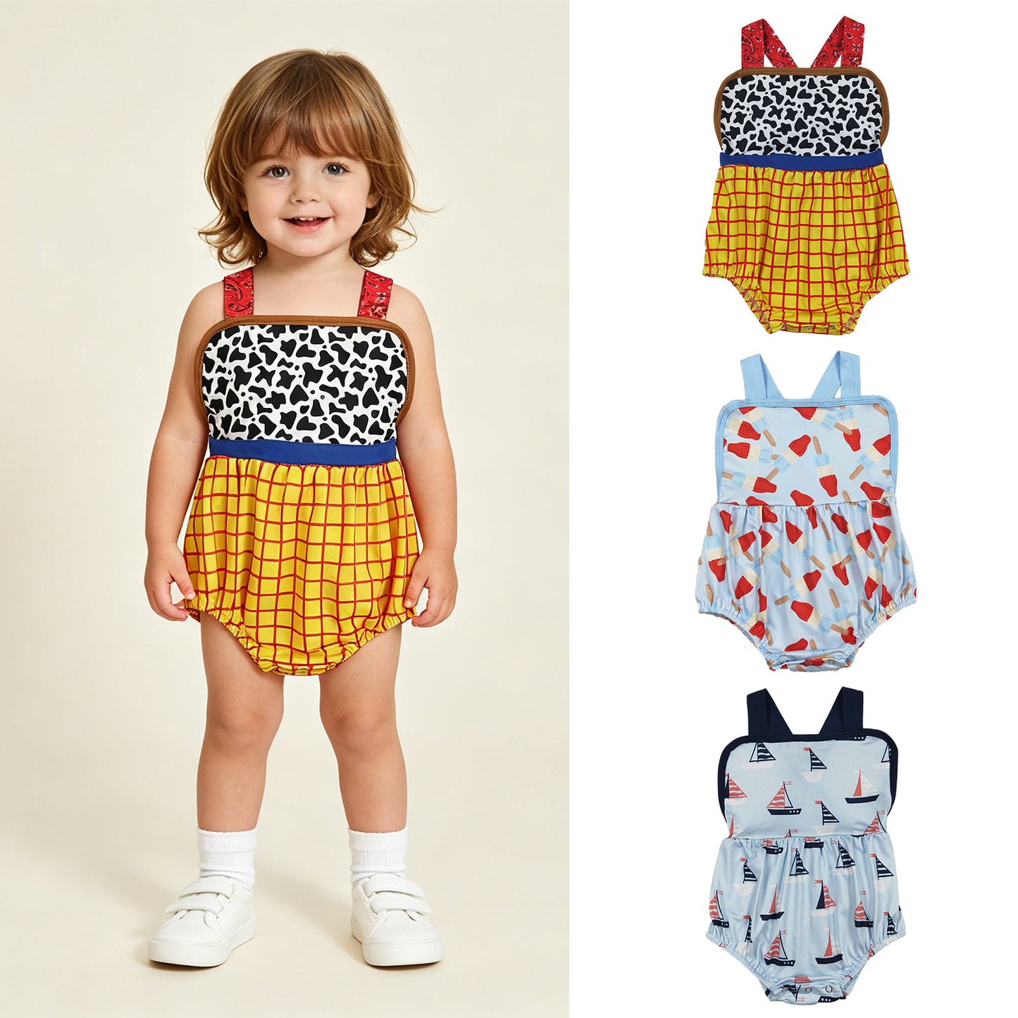 RTS NO MOQ Sibling Baby Boys Girls Casual Summer Strap Rompers