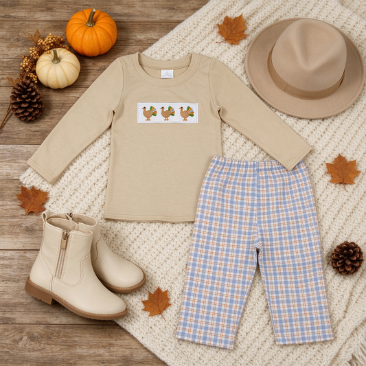 NEW RTS NO MOQ milk silk BLP1495 Embroidery Turkey Baby Boys Long Sleeve Top Matching Checked Pant Thanksgiving Clothes Sets