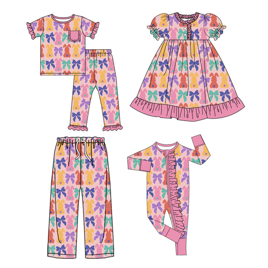 25.9.16 custom each style moq 5eta 4-8week Sibling Sister bunny bow baby short sleeve pants sets and romper and dress and adult pants match design