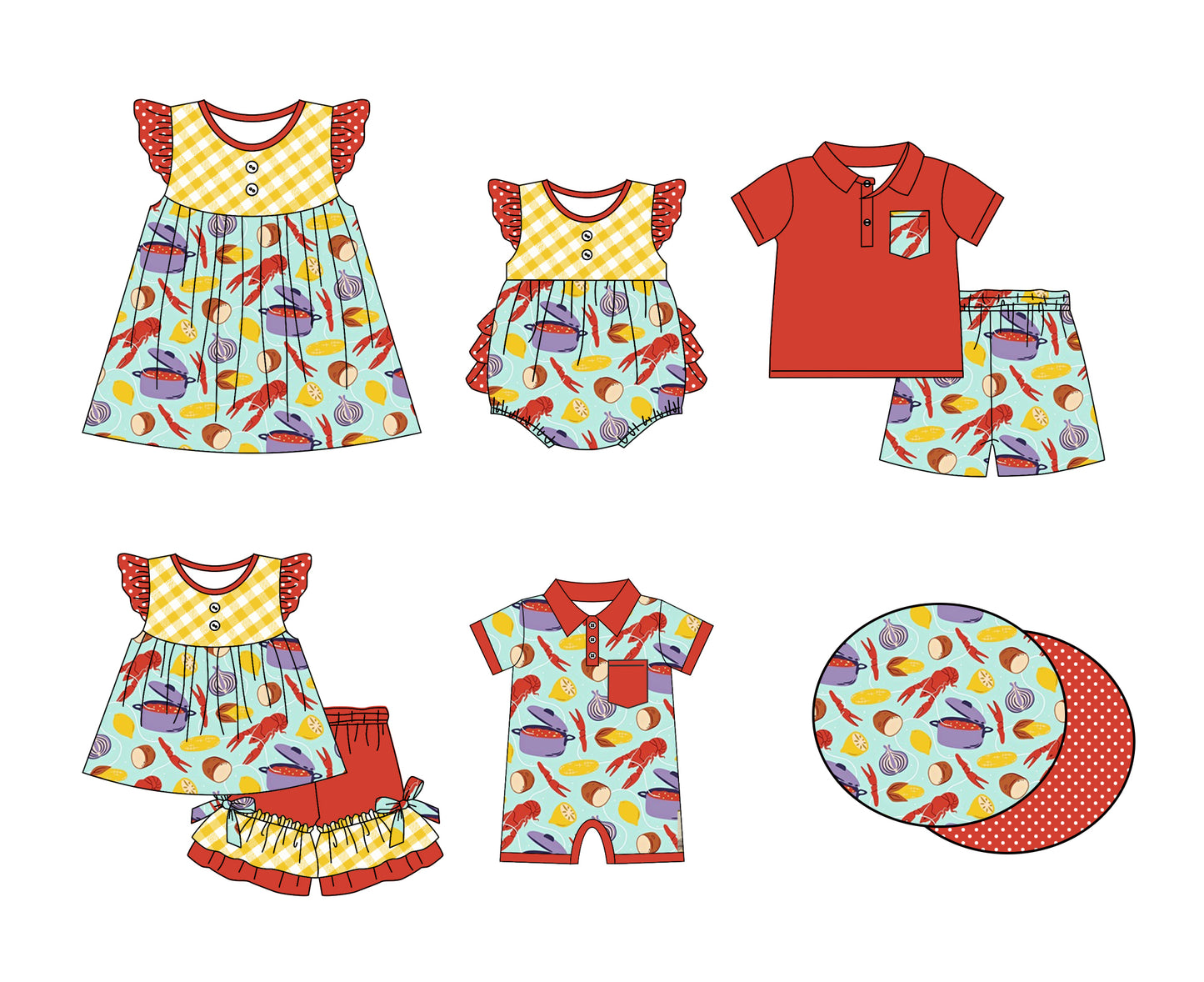 11.28 custom each style moq 5eta 4-6week Sibling Sister potatoes crayfish baby girl short sleeve shorts sets and sets 2 and girls romper and boy romper and dress match design