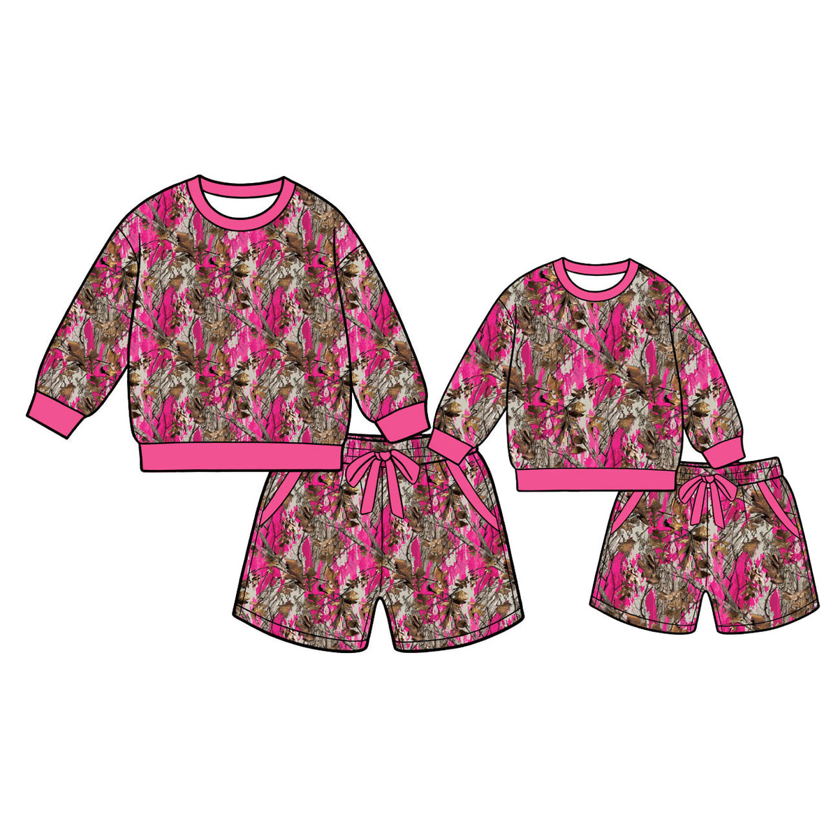 (Preorder new) No moq Adult To Match Kids Pink Camo Long Sleeve Sweatshirt And Drawstring Short Set