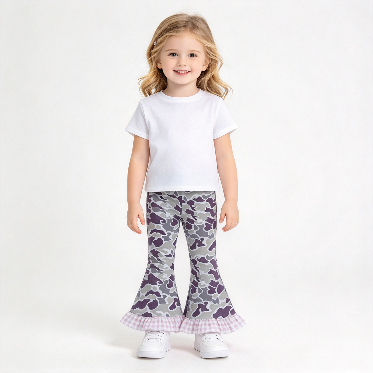 RTS NO MOQ Sibling milk silk Baby Girls Camo Print Bell Bottom Pants With Pink Gingham Ruffle Hem