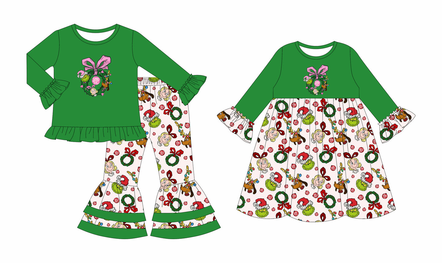 25.7.22 custom each style moq 5eta 4-6week Sibling Sisters Christmas green baby girl long sleeve pants sets and dress match family design