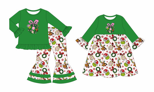 25.7.22 custom each style moq 5eta 4-6week Sibling Sisters Christmas green baby girl long sleeve pants sets and dress match family design