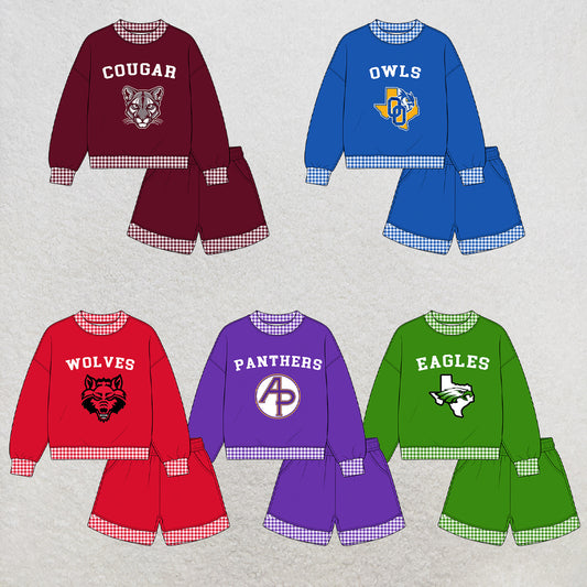 custom moq 5 mix size XY071505 Baby Kids Checked Long Sleeve Top Drawstring Shorts Team Clothes Set