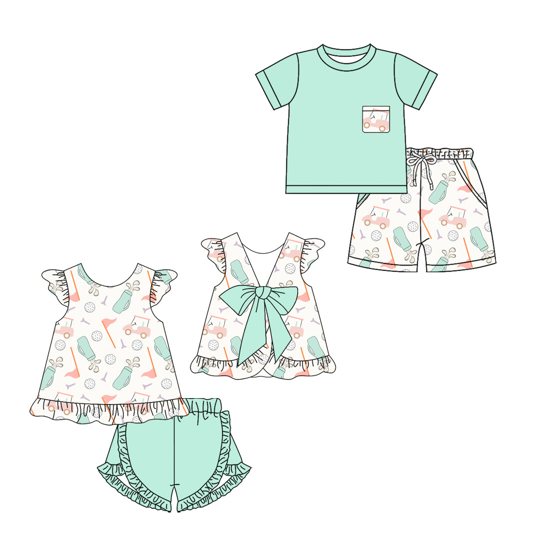 3.17 Custom moq 5 mix size Sibling Baby Girl Boys Golf Top And Shorts Set  for Summer