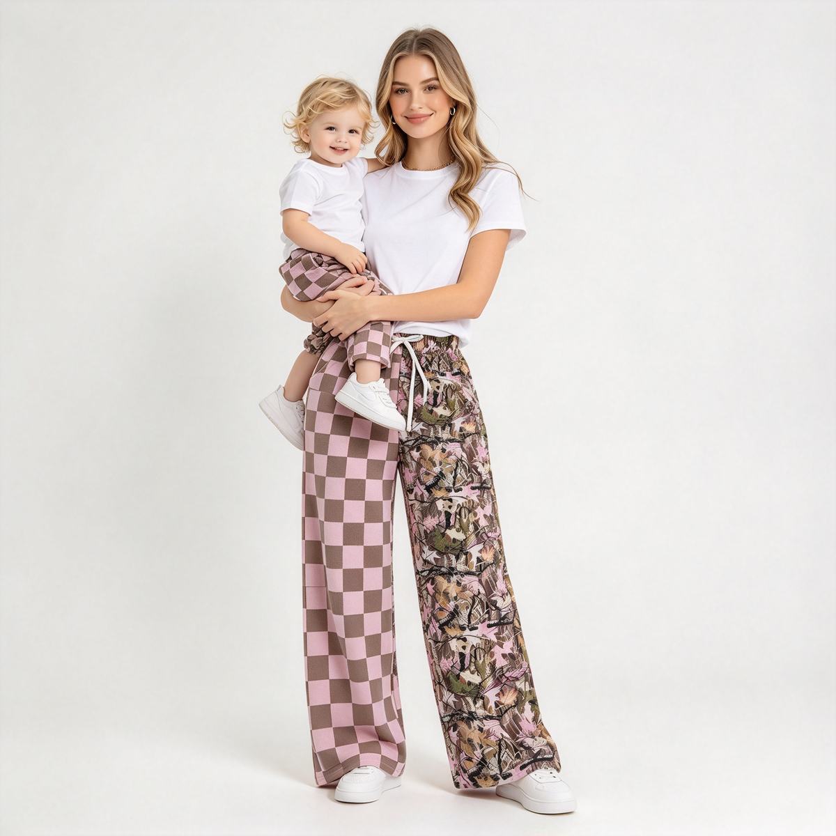 RTS NO MOQ Sibling milk silk Adult To Match Kids Split Print Checker And Camo Elastic Waist Casual Wide Leg Trousers
