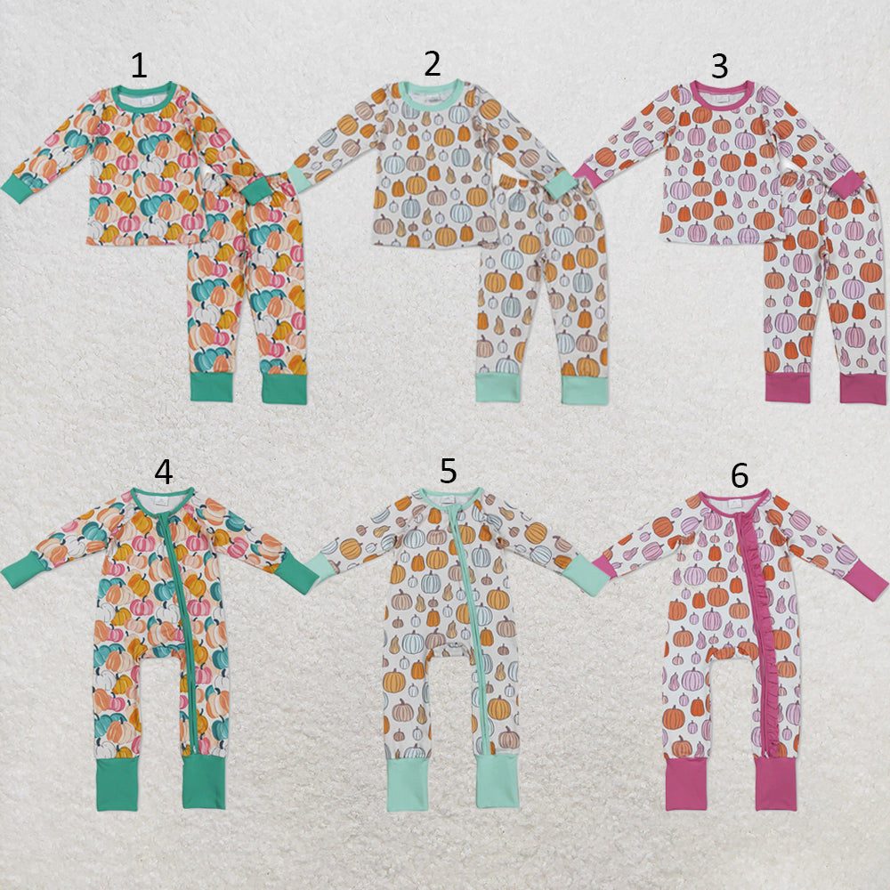 RTS NO MOQ Sibling milk silk Baby Girls Colorful Pumpkin Print Plaid Long Sleeve Top Pants Two Piece Fall Pajamas Sets Rompers