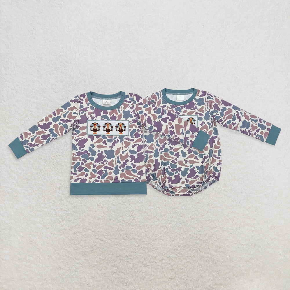 Sibling Baby Boys clothes embroidery turkey long sleeve top and romper