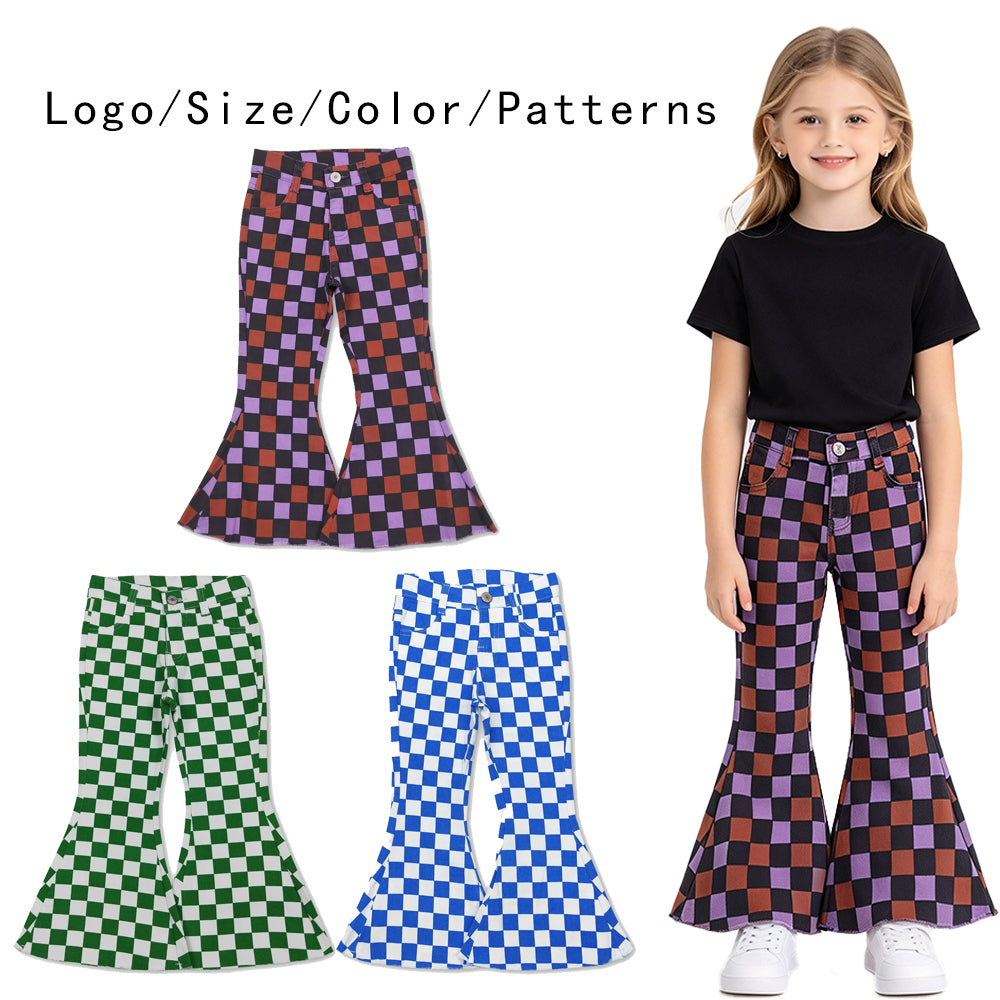 RTS NO MOQ Sibling Denim Baby Girls Checkerboard Flare Bell Bottom Denim Pants