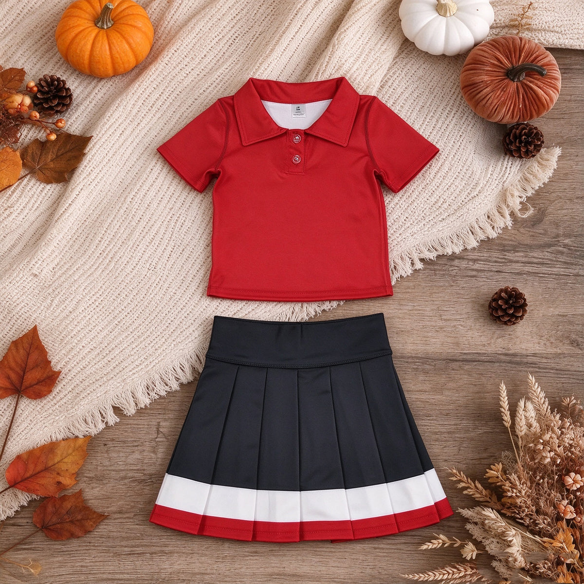 NEW RTS NO MOQ yoga fabric cotton GSD4262 Yoga Baby Girls Solid Red Lapel Button Polo Elastic Waist Pleated Skort Outfit