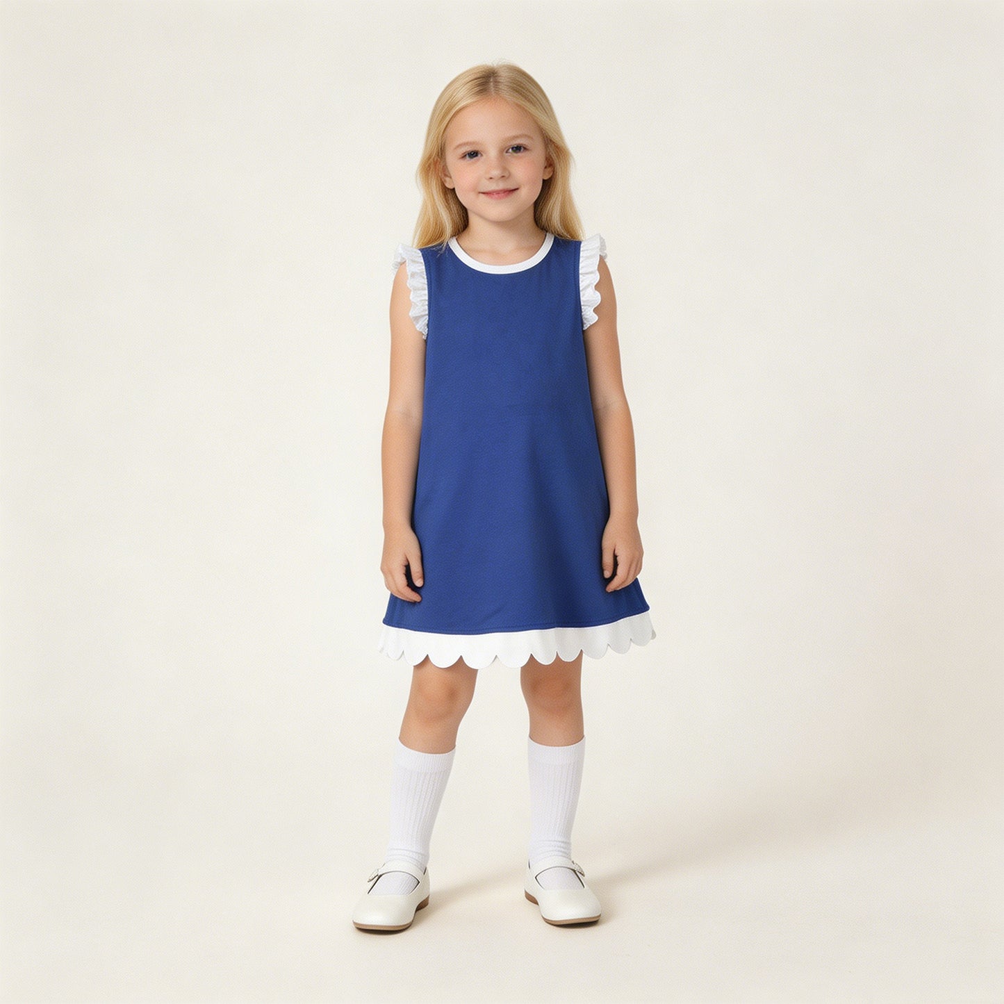 RTS NO MOQ cotton GSD4053 Baby Girls Blue White Scallop Sleeveless Knee Length Dress