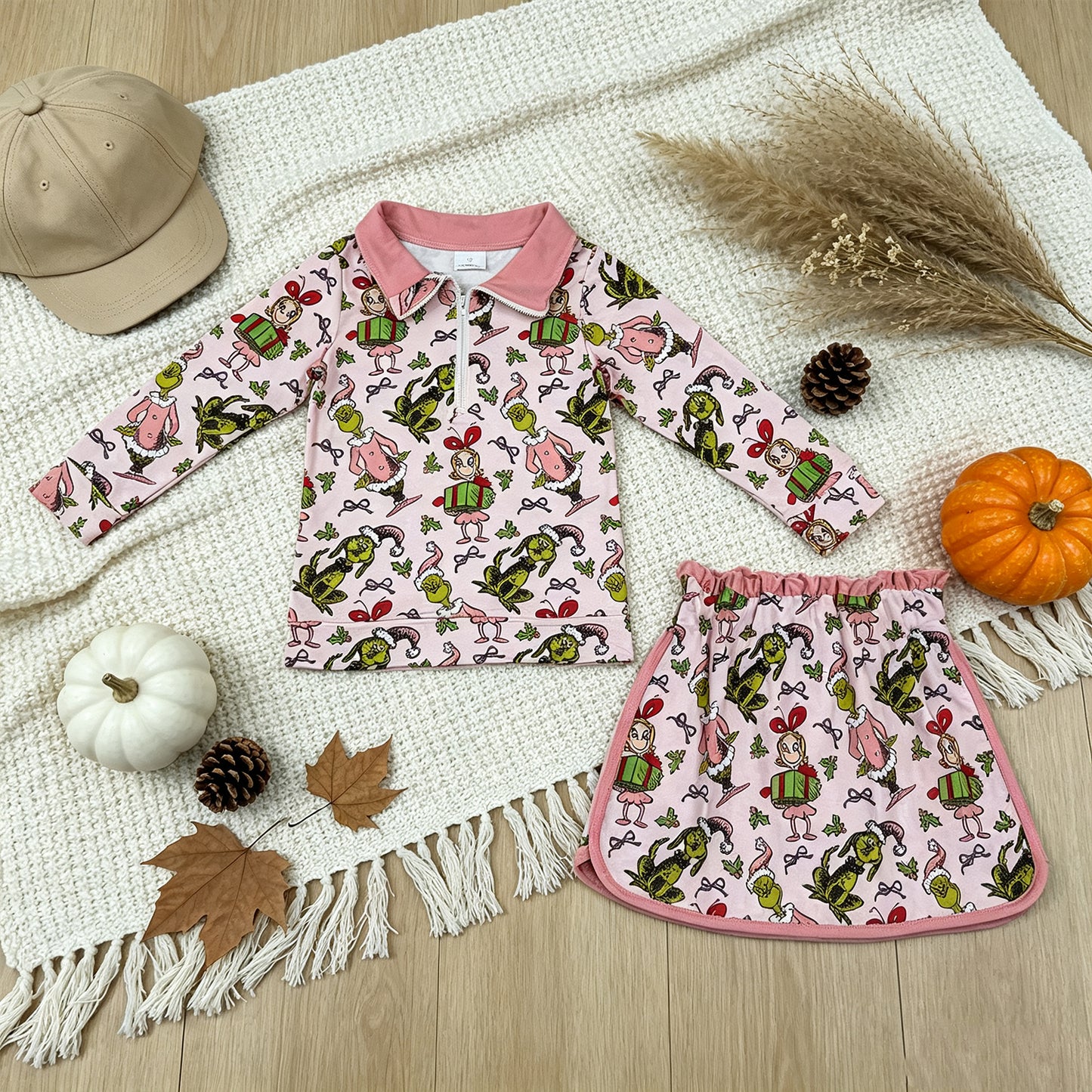 NEW RTS NO MOQ milk silk  GLD1610 Cute Clothes Baby Girls Christmas Zip Up Top Short Skirt Winter Christmas Holiday Clothes Set
