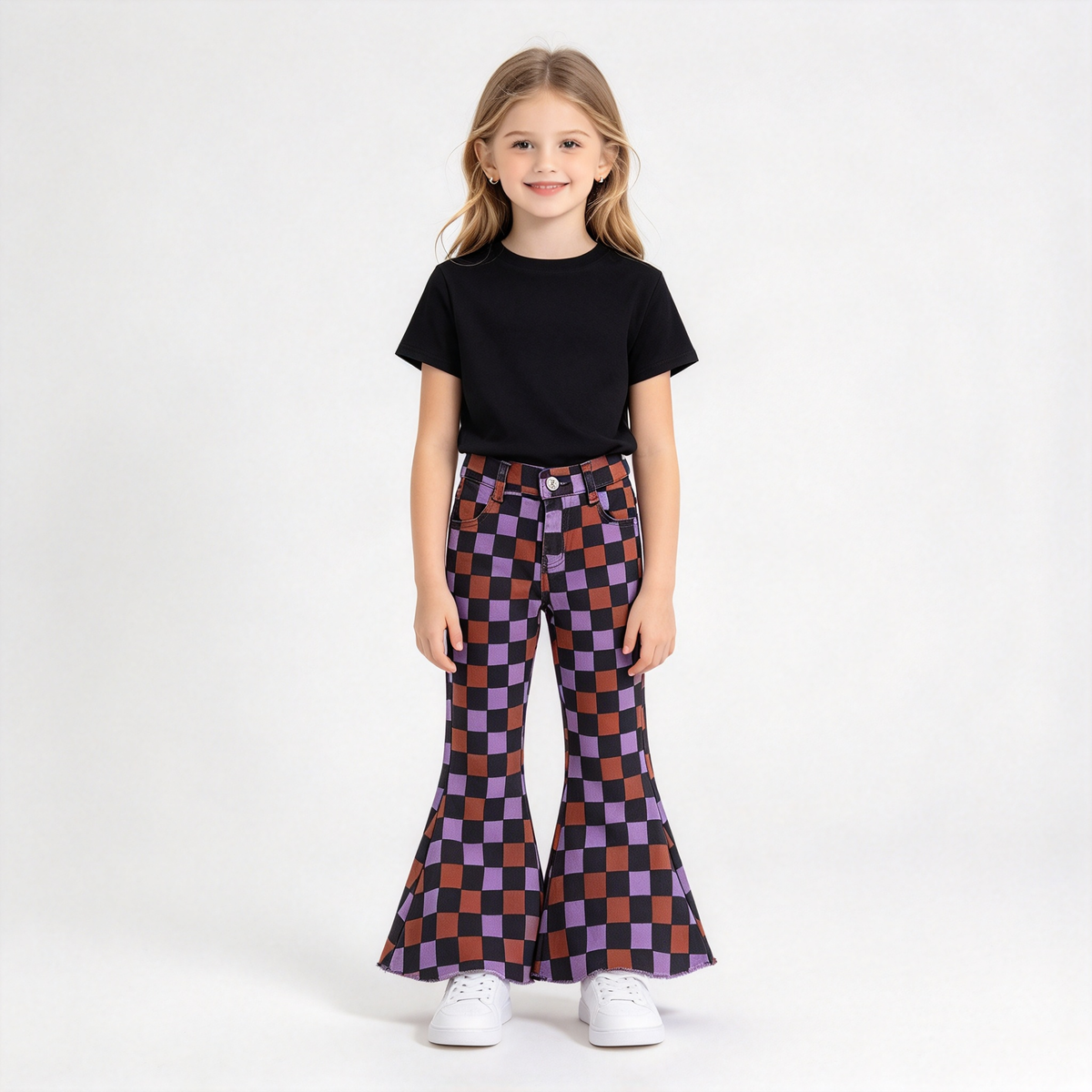 RTS NO MOQ Sibling Denim Baby Girls Checkerboard Flare Bell Bottom Denim Pants