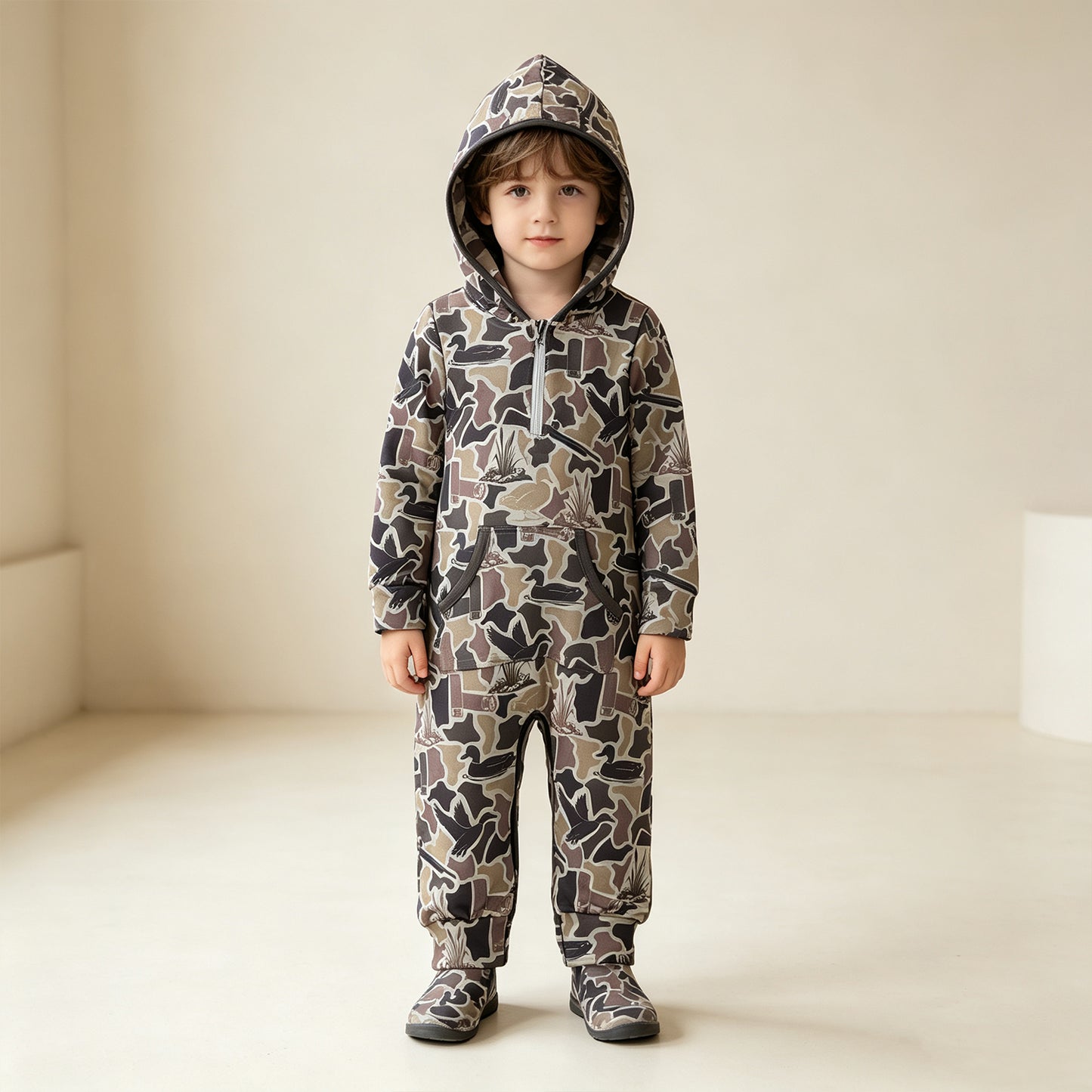 NEW RTS NO MOQ milk silk LR3029 Baby Boys Camo Ducks Zip Pocket Long Sleeve Hunting Rompers