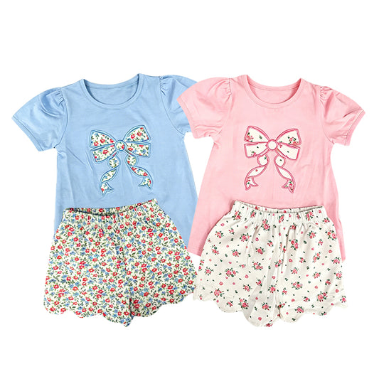 (Pre Order) No moq milk silk Baby Girls Floral Bow Print Short Sleeve Top And Scallop Shorts Set