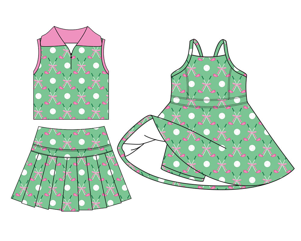 4.13 Custom moq 5 mix size Sibling Baby Girls Green Golf Sleeveless Zipper Skirts Sets Yoga Active Short Knee Length Dress