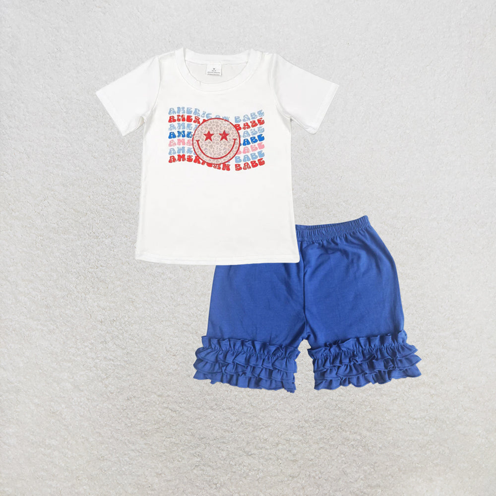 RTS NO MOQ GT0502+B17-13 Baby Boys Girls White 4th Of July American Babe Smile Short Sleeve Tee Shirts Tops Short Set