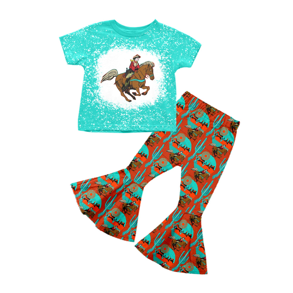 8.17 custom each style moq 5eta 4-6week baby girls clothes riding horse teal short sleeve pants sets