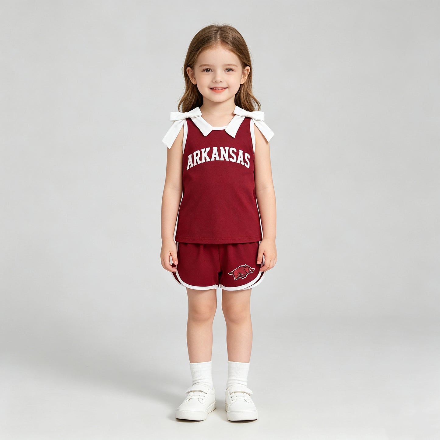 NEW RTS NO MOQ Vinyl  GSSO3833 Baby Girls White Bows Red Arkansas Top Short Team Clothes Sets