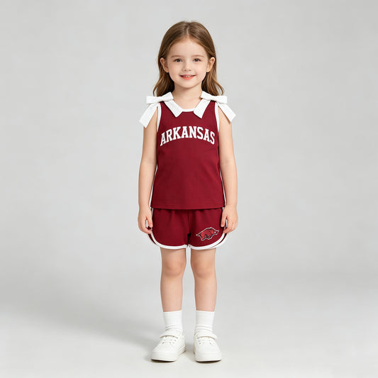 NEW RTS NO MOQ Vinyl  GSSO3833 Baby Girls White Bows Red Arkansas Top Short Team Clothes Sets