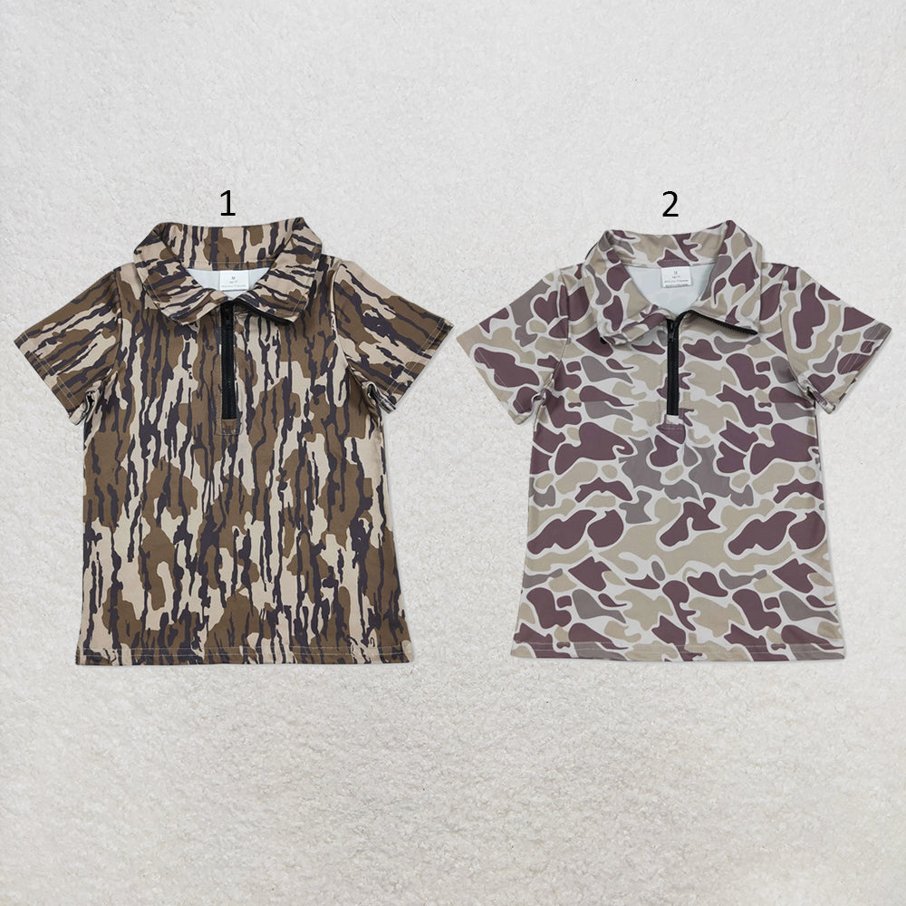 RTS NO MOQ Sibling milk silk Baby Boys Camo  Short Sleeve Zipper Pullover Top