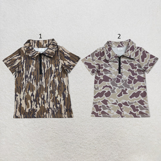 RTS NO MOQ Sibling milk silk Baby Boys Camo  Short Sleeve Zipper Pullover Top