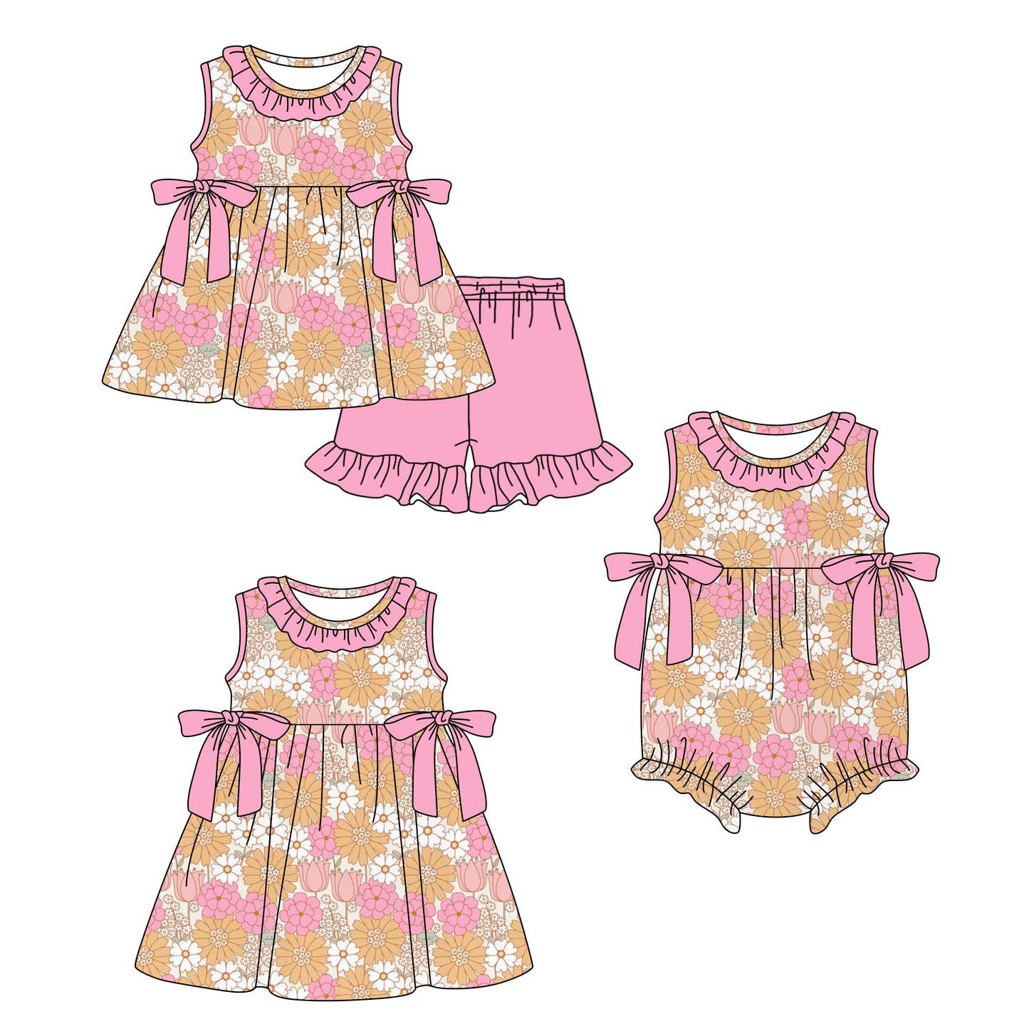 2.27 Custom moq 5 mix size Sibling Baby Girl's pink Floral print Sleeveless Top And Shorts Set Cute Romper Dress for Summer