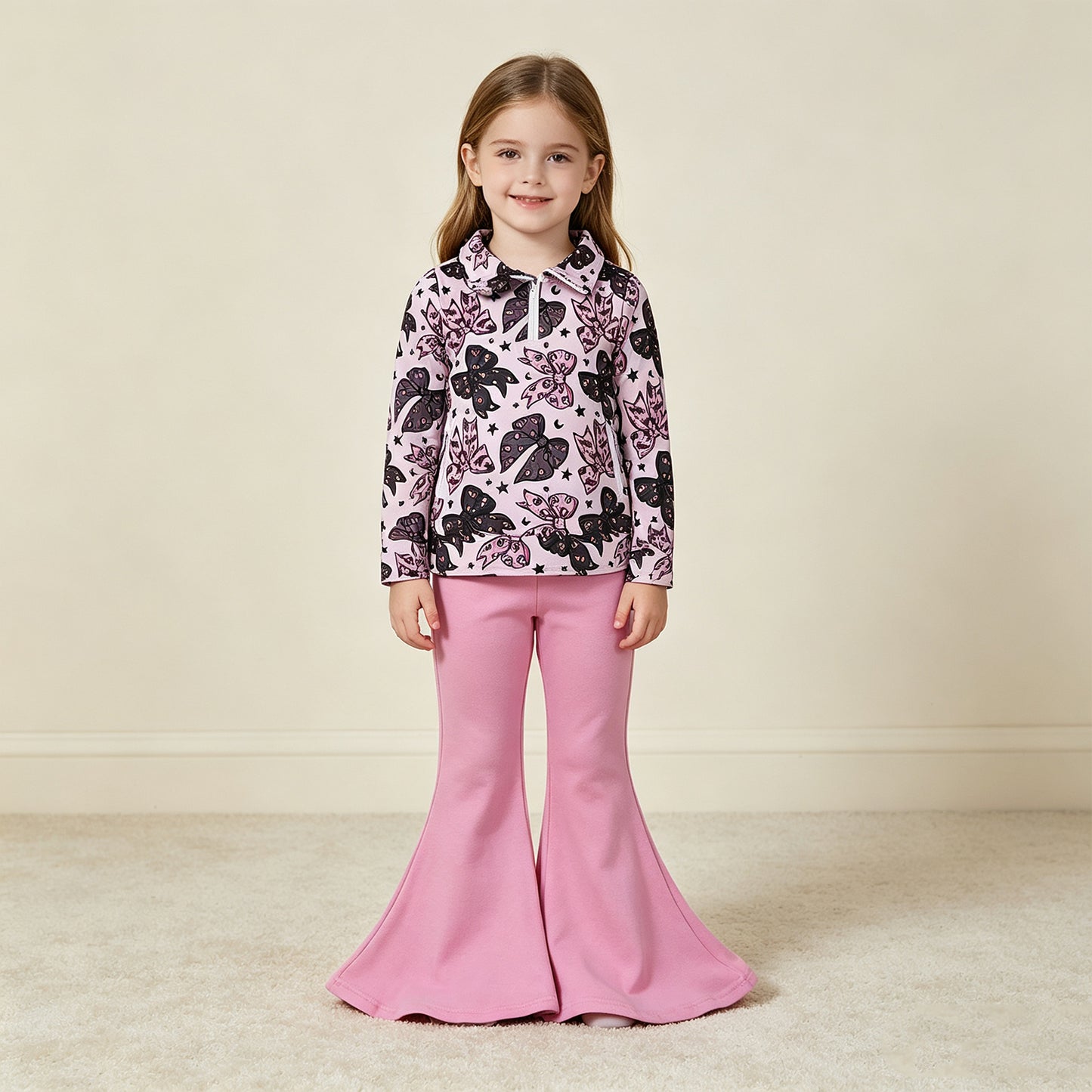 NEW RTS NO MOQ milk silk GLP3507 Baby Girls Bats Bows Zip Pockets Pullovers Flare Pant Halloween Set