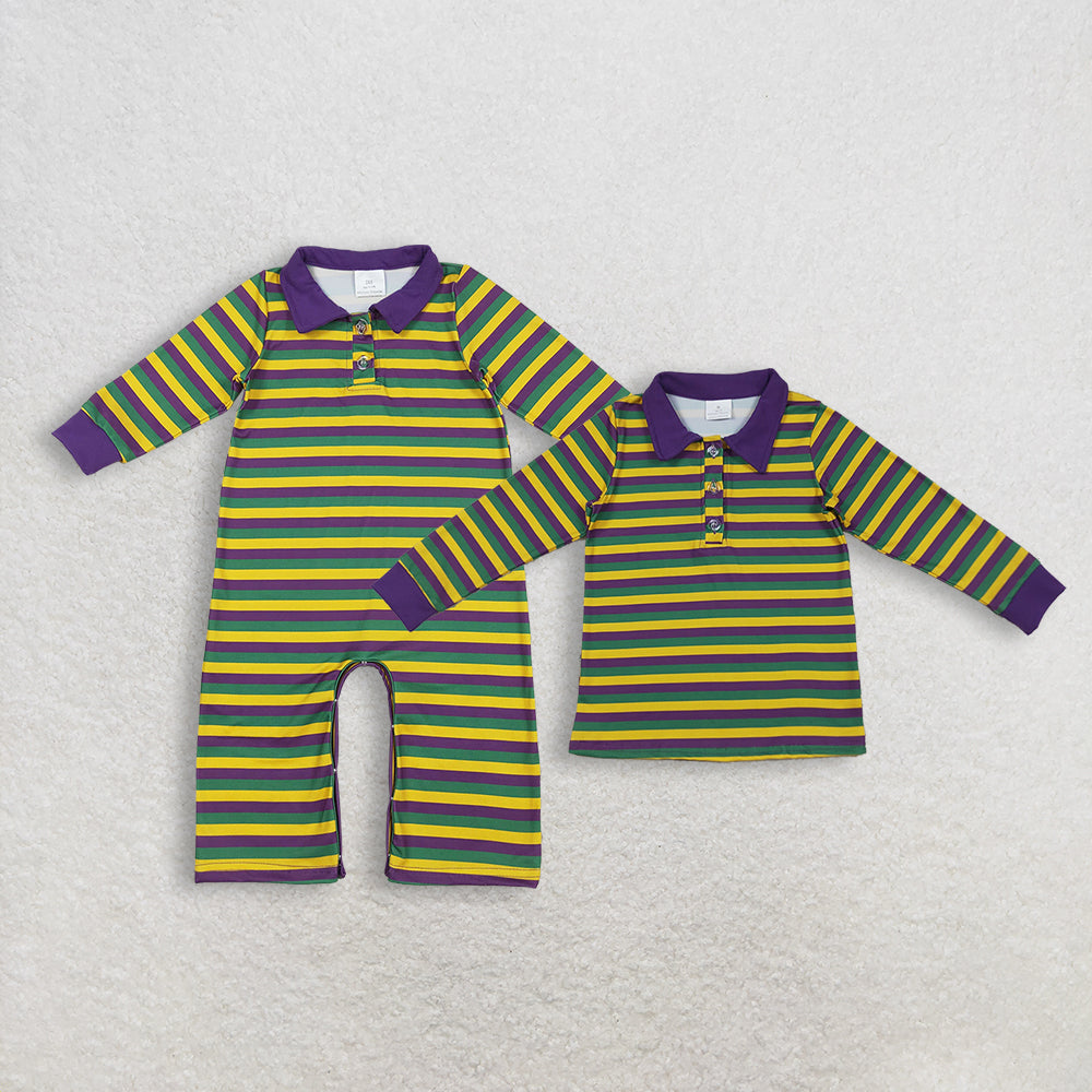 RTS NO MOQ Sibling Baby boy clothes mardi gras striped long-sleeved rompers and top