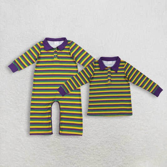 RTS NO MOQ Sibling Baby boy clothes mardi gras striped long-sleeved rompers and top