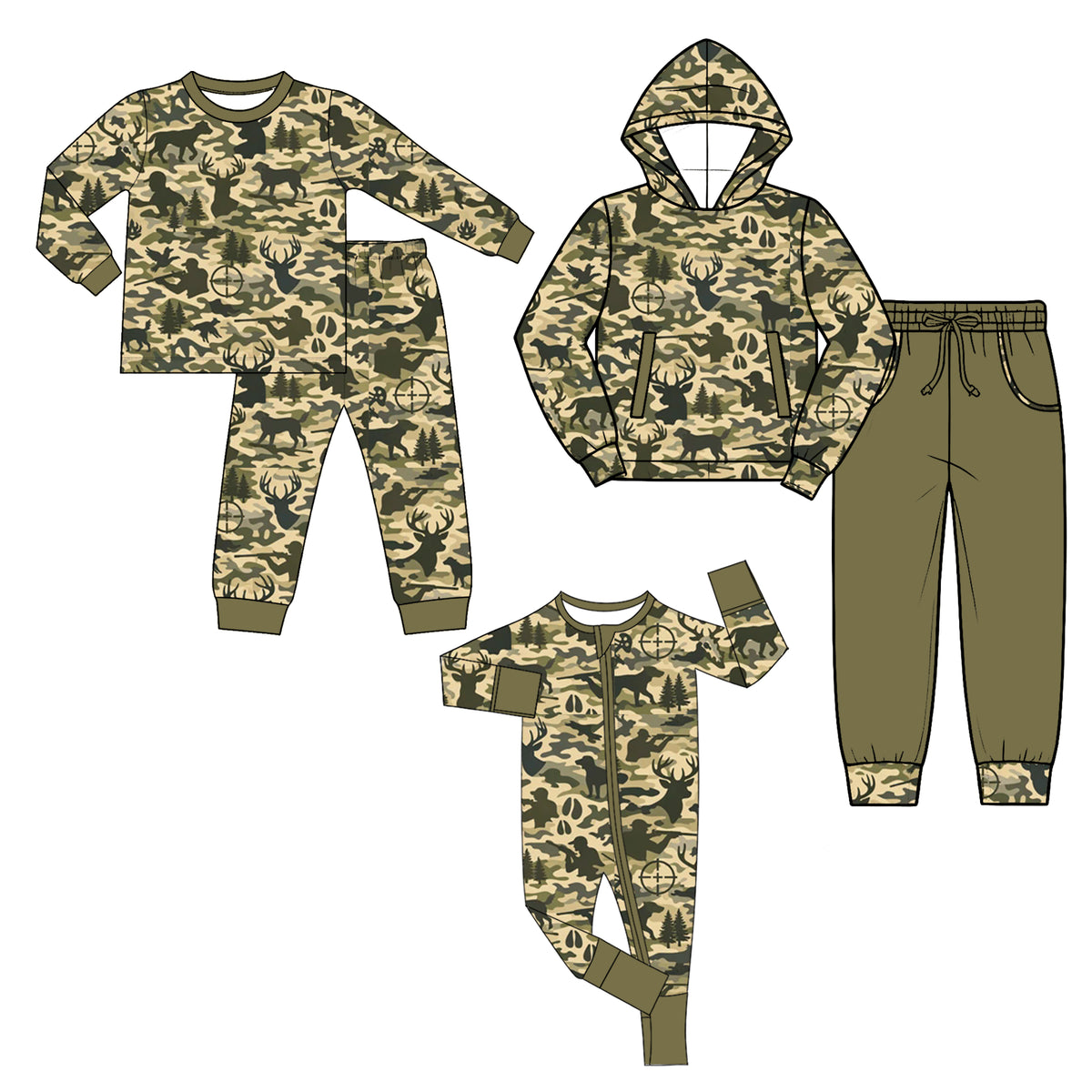 (Preorder new) No moq Baby Boys Camo Deer Hunting Print Long Sleeve Top and Jogger Pants Set Romper