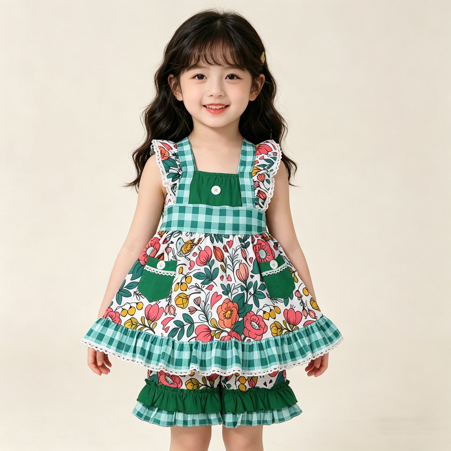 RTS NO MOQ GSSO3738 Baby Girls' Tunic Ruffle Shorts Set with Flutter Sleeves And Flower Pockets Children's Clothing Outfit for Girls（2T-14T）