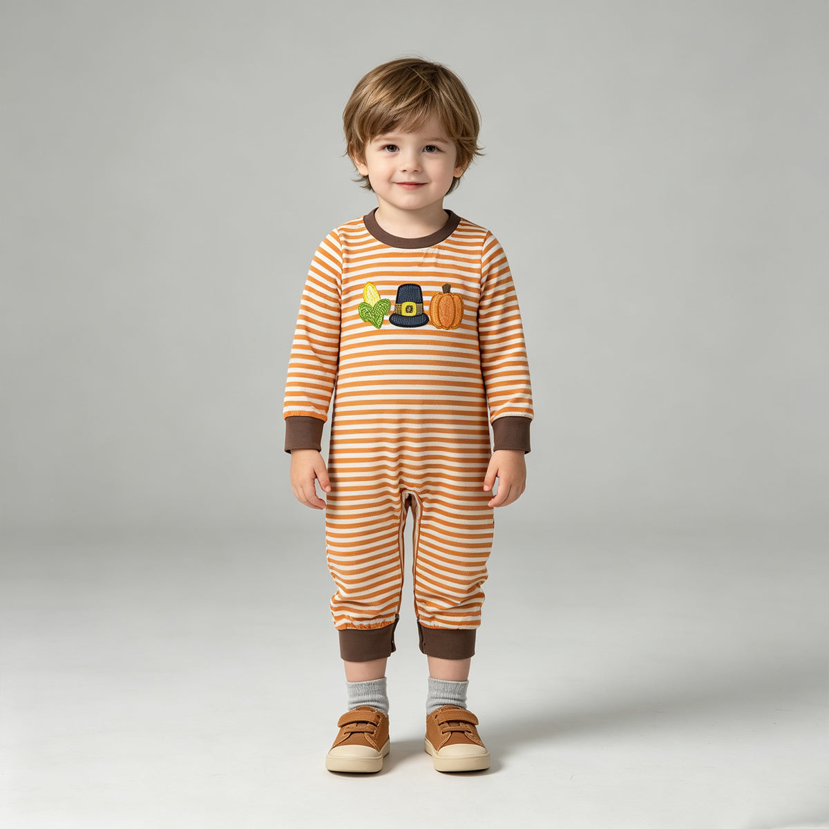 NEW RTS NO MOQ milk silk LR3037 Embroidery Baby Boys Orange Stripe Pumpkin Embroidery Long Sleeve Fall Rompers