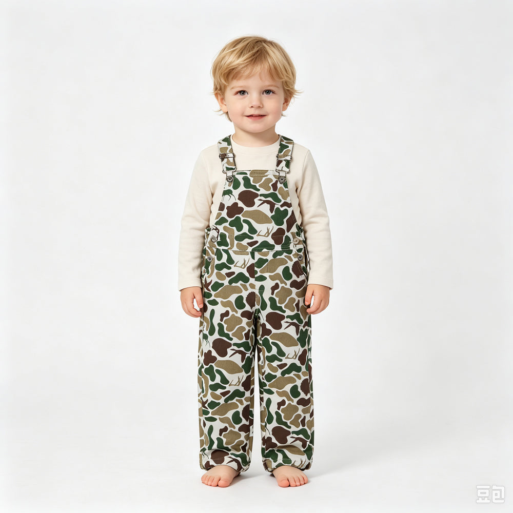 RTS NO MOQ Sibling Denim Baby Kids Duck Camo Adjustable Denim Strap jumpsuits Overall