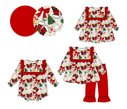25.6.26 custom each style moq 5eta 4-6week Sibling Sisters Christmas bow red baby girl long sleeve pants sets and dress and rompers match family design