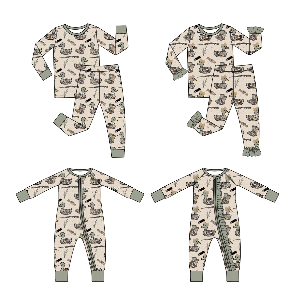 (Preorder new) No moq Baby Boys And Girls Duck Print Pajama Set And Zipper Romper Plain And Ruffle Trim
