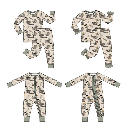 (Preorder new) No moq Baby Boys And Girls Duck Print Pajama Set And Zipper Romper Plain And Ruffle Trim