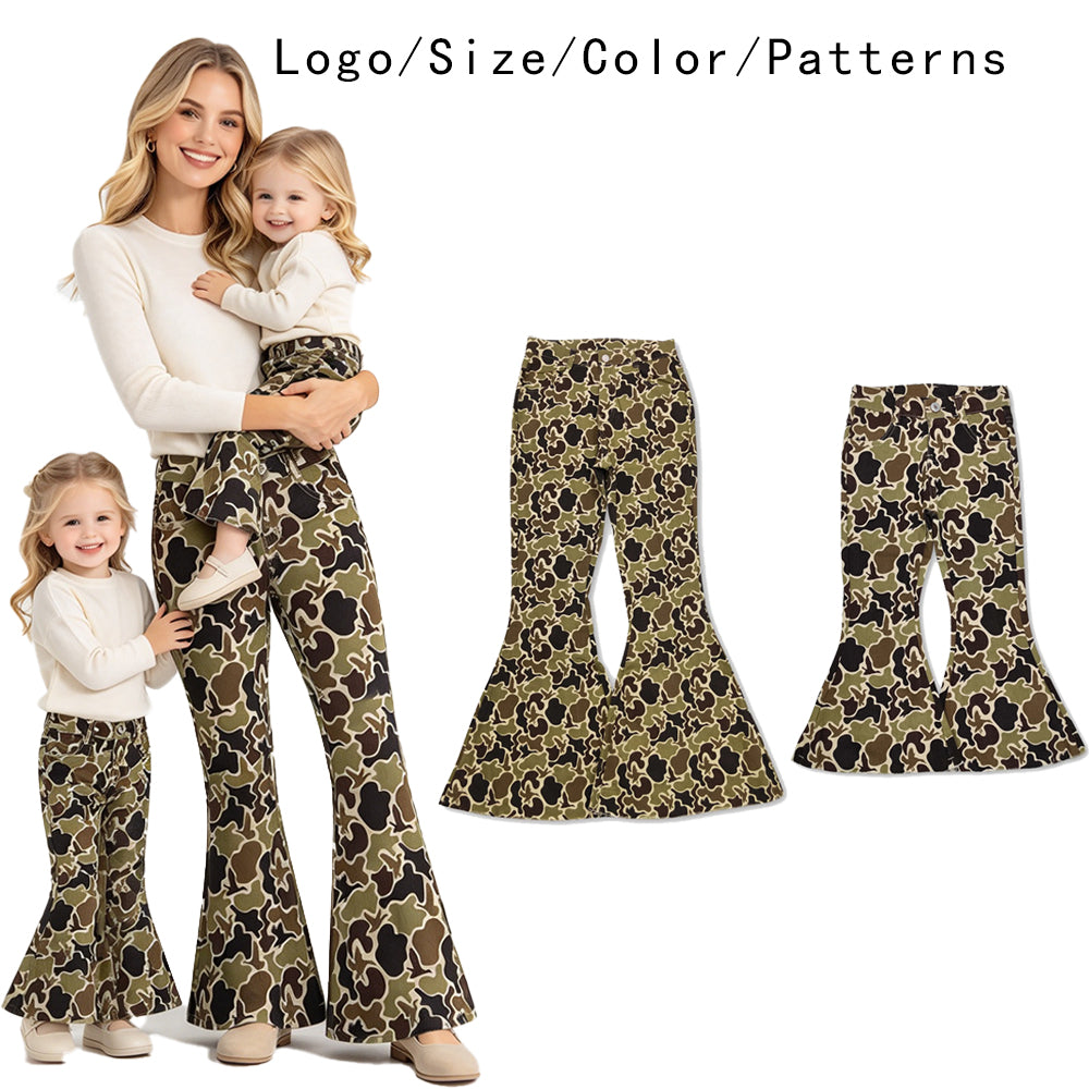 RTS NO MOQ Sibling Denim Adult To Match Kids Duck Camo Flare Bell Bottom Denim Pants