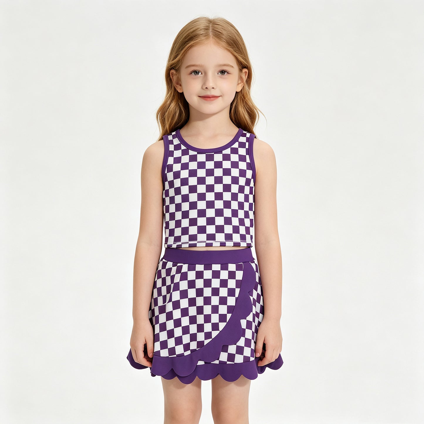 NEW RTS NO MOQ  yoga fabric GSD4251 Yoga Baby Girls Purple Plaid Scallop Trim Vest Skort Sports Active Set