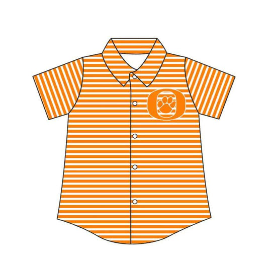 Custom moq 5 mix size milk silk summer teams Baby Boys Summer Orange Stripes Short Sleeve Button Shirts Top