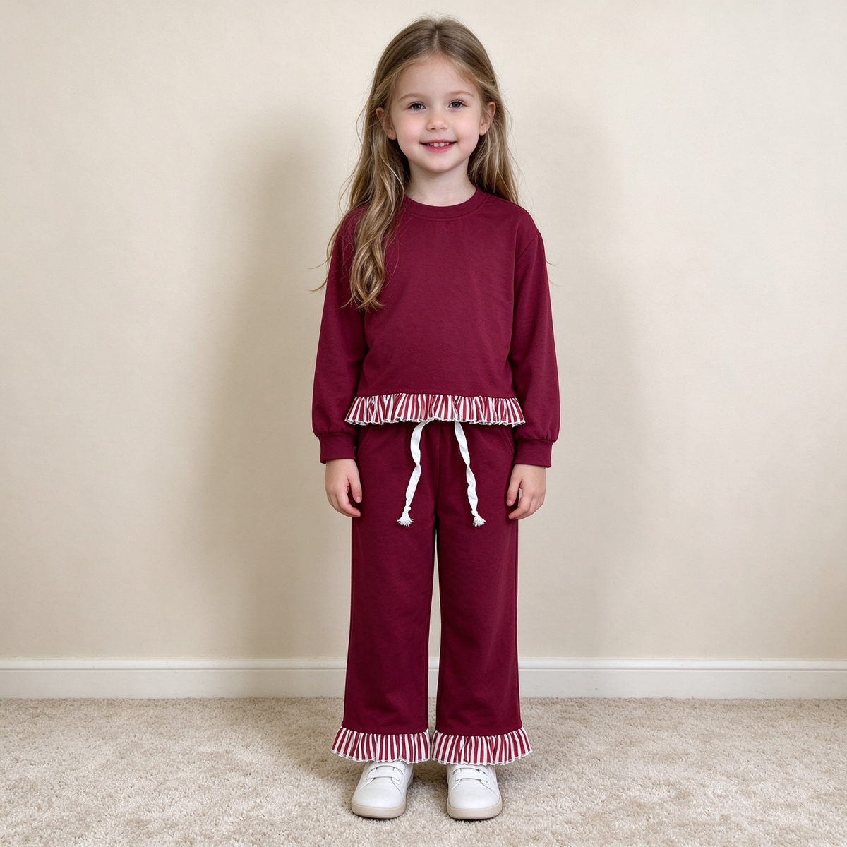 NEW RTS NO MOQ milk silk GLP3829 Baby Girls Maroon Long Sleeve Pocket Top Ruffle Hem Pant Clothes Set