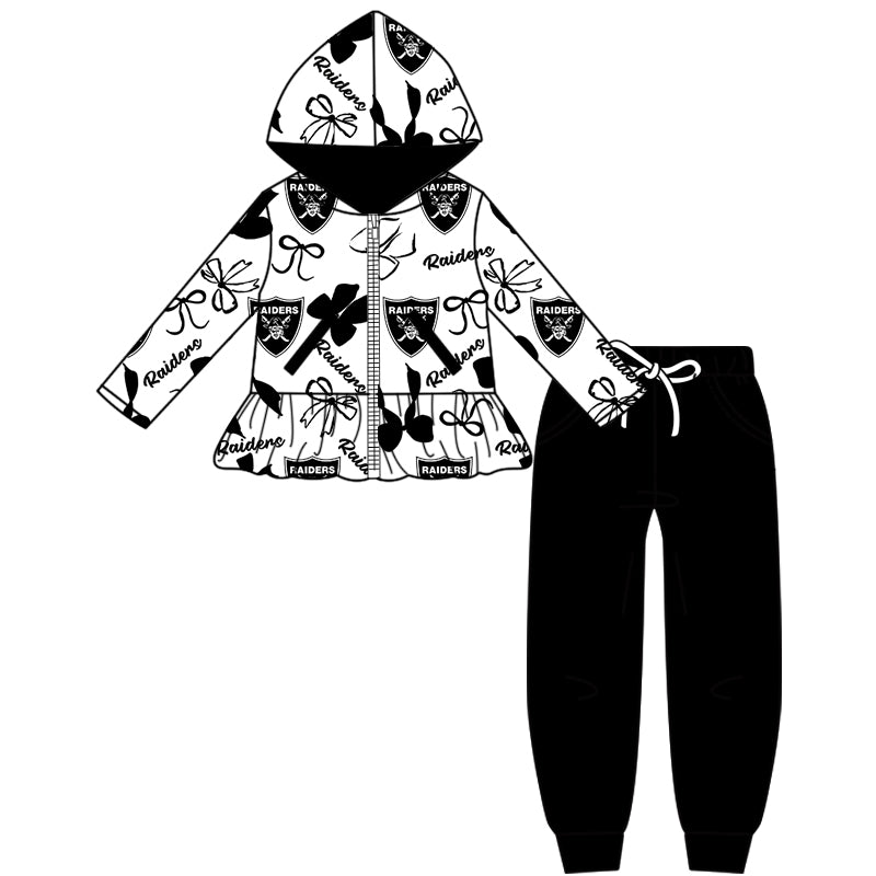 Custom moq 5 mix size milk silk summer teams baby girls clothes bow black hooded long sleeve pants sets and dress and top and hooded top and pant-25.8.12