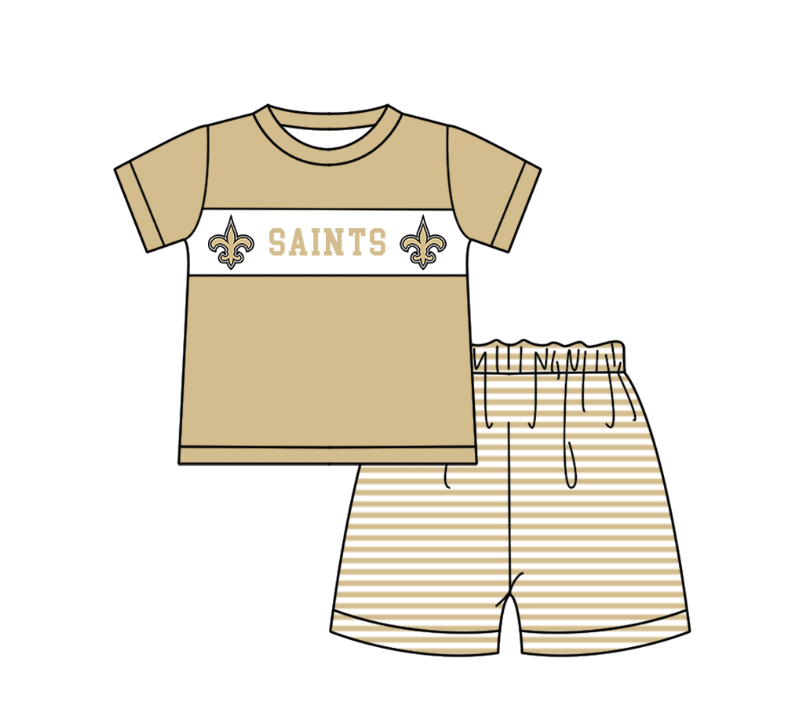Custom moq 5 mix size milk silk summer teams baby girl boys clothes Light khaki short sleeve shorts sets 2  and dress and rompers 2 series