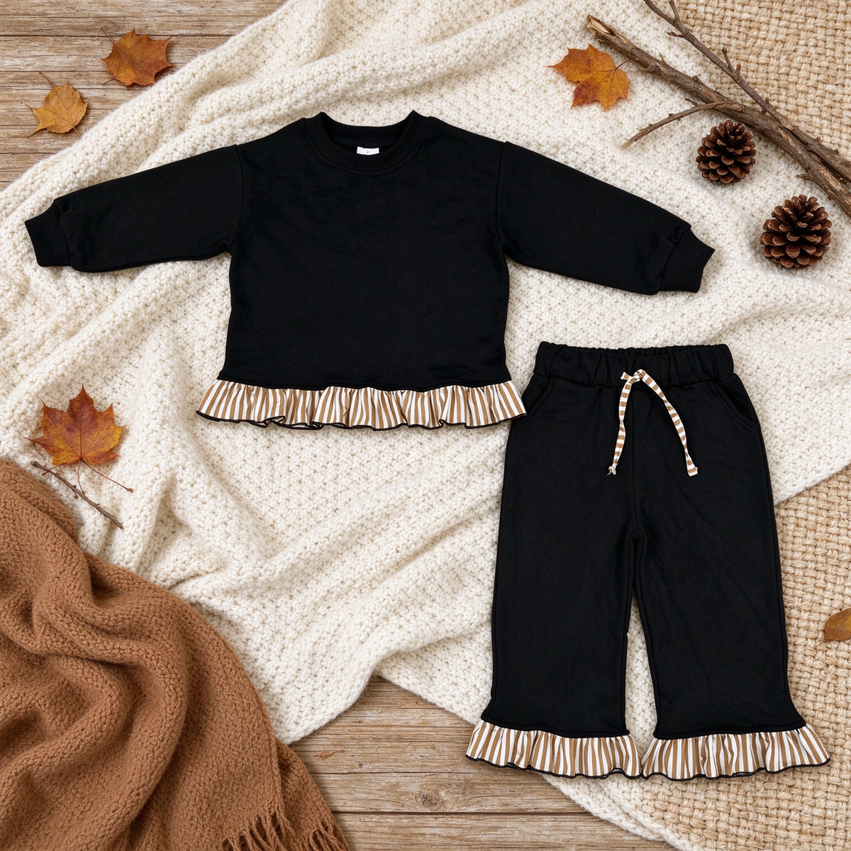 NEW RTS NO MOQ fleece GLP3671 Baby Boys Black Long Sleeve Sweatshirt Top Long Pants Casual Set