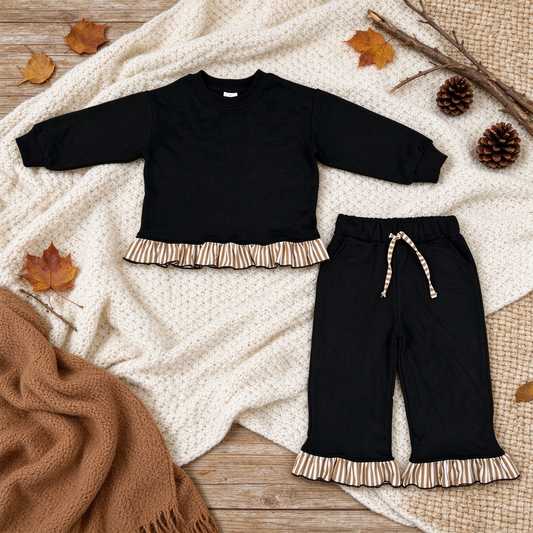 NEW RTS NO MOQ fleece GLP3671 Baby Boys Black Long Sleeve Sweatshirt Top Long Pants Casual Set