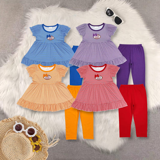 RTS NO MOQ Sibling Baby Girls Stripes embroidery Football Tunic Legging Clothes Sets