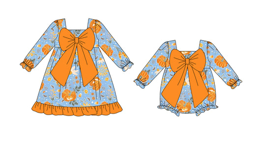 25.8.9 custom each style moq 5eta 4-6week Sibling Sisters pumpkin baby girl long sleeve dress and rompers match family design