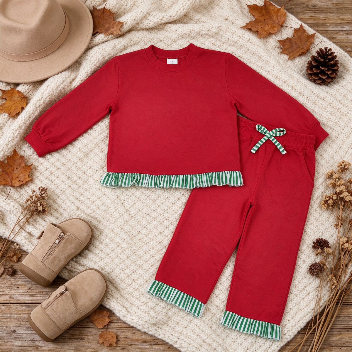 NEW RTS NO MOQ milk silk GLP3916（GT1935+P1153）Baby Girls Red Long Sleeve Scallop Tunic Ruffle Pant Casual Set