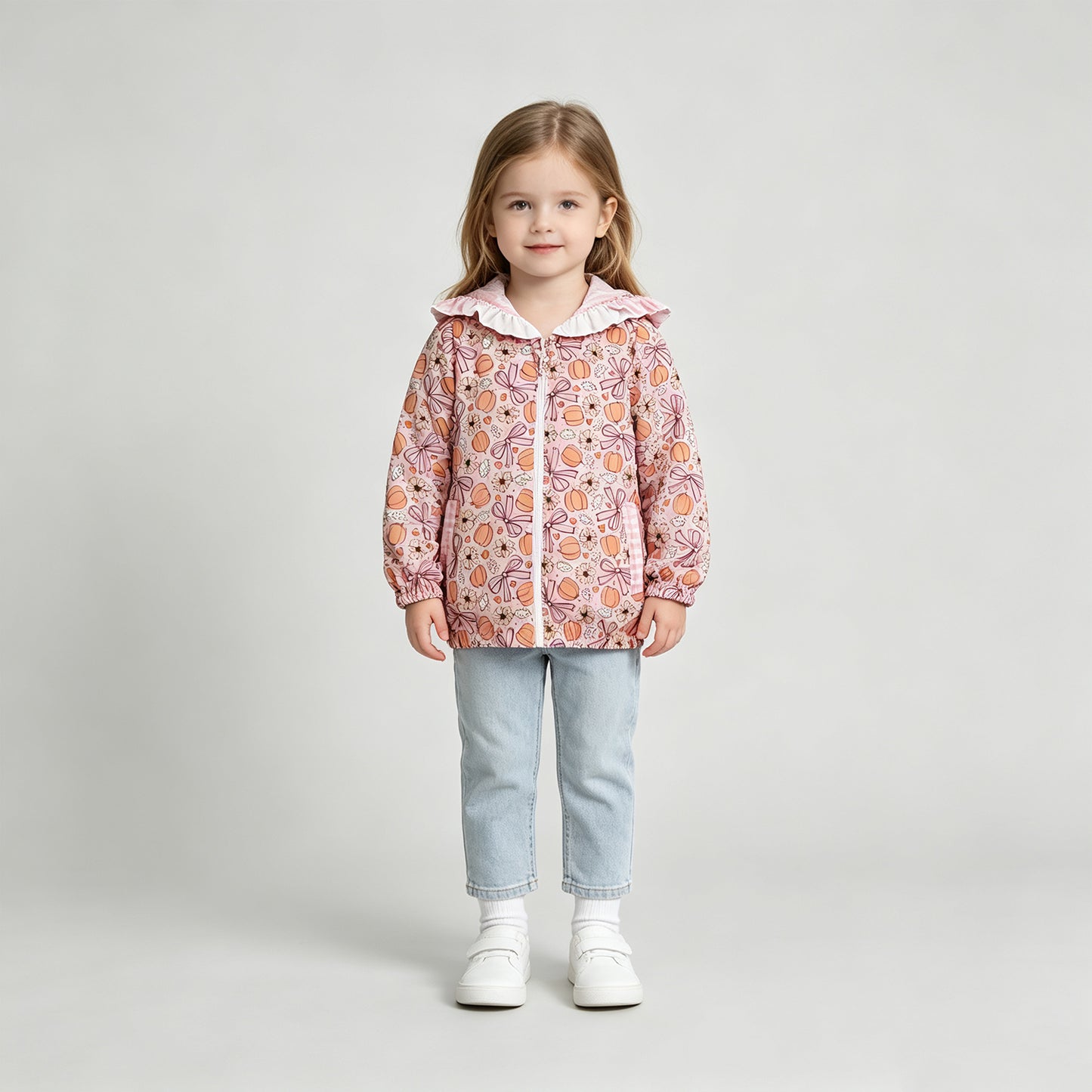 NEW RTS No moq milk silk GT1661 Baby Girls Flowers Bow Pumpkins Fall Zip Pockets Ruffle Hoodie Jackets Top